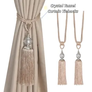 4pcs European Style Crystal Elegance Extra Large Curtain Tiebacks – Silver Tassel with Faceted Accent - No Drilling Weave Rope Holders for Decorative Draperies, Windows, and Curtains, Stylish Pearl Buckle Design for Modern Home Décor, Holdbacks, and Strap