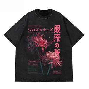 Japanese Red Spider Lily Washed Vintage T-Shirt, Kanji Graphic Print Tee, Unisex Black Oversized Casual Cotton Streetwear, Floral Aesthetic Shirt for Fans