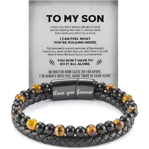 Men's Stainless Steel-Leather Cuff Beaded Jewelry Bracelet with Tiger Eye Beads - Engraved Fashionable Style Metal Statement Piece, Lightweight for All-Day Wear Everyday Accessory, Meaningful Love Gift for Son