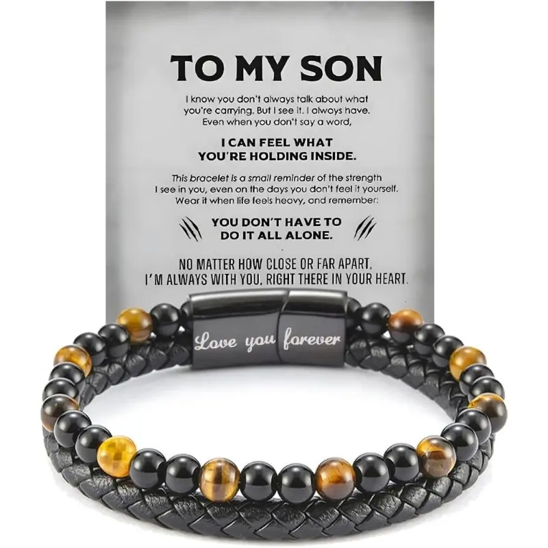 Stainless Steel Bracelet for Men with Tiger Eye Beads & Black Leather - Engraved Cuff, Meaningful Everyday Gift for Son, Gifts