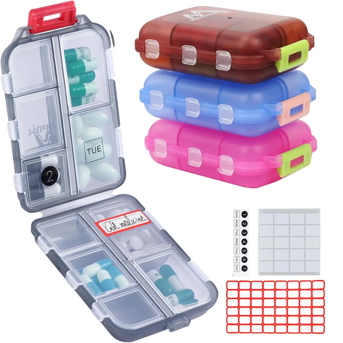 4PS Travel Pill Organizer with 164 Slice Labels，10 Compartments Travel Pill Box Portable Folding Small Pill Case Daily Pill Container Used for Carry Storage Medicine Organizer