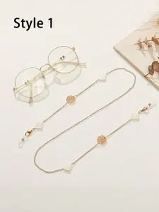 Tea Flower & Four-Leaf Clover Eyeg Chain, Elegant Women's Round Glasses Strap, Anti-Slip Pendant, Fashion Accessory, Ideal Gift