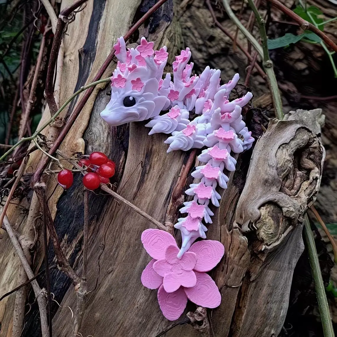 3D Printed Cherry Blossom Dragon Statue, Desktop Decorative Figurine, Birthday Gift, Animal Sculpture, Christmas Present, Flower Figurines, Desktop Decoration Ornament, Home Decor Sculptures