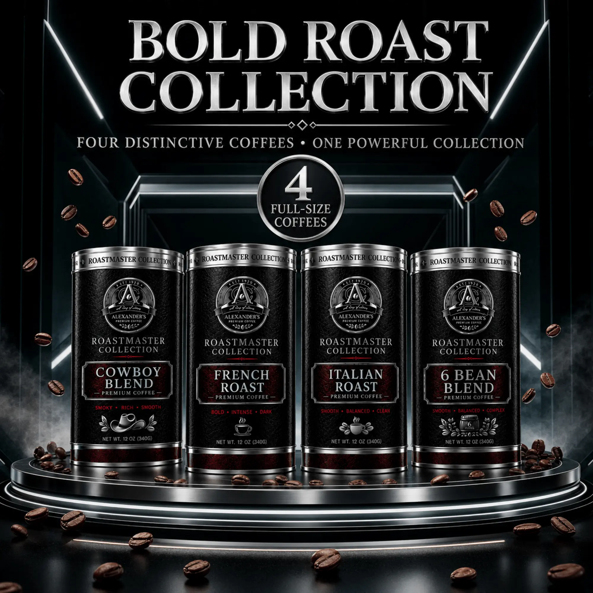 Alexander’s Bold Roast Coffee Variety Pack, 4-Pack, Cowboy Blend, French Roast, Italian Roast & 6 Bean Blend, 12 oz Each
