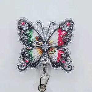 Beautiful Butterfly Glitter with Mexican Flag Bandera Flag Retractable Badge ID Reel Belt or Alligator Clip Mexico Cute