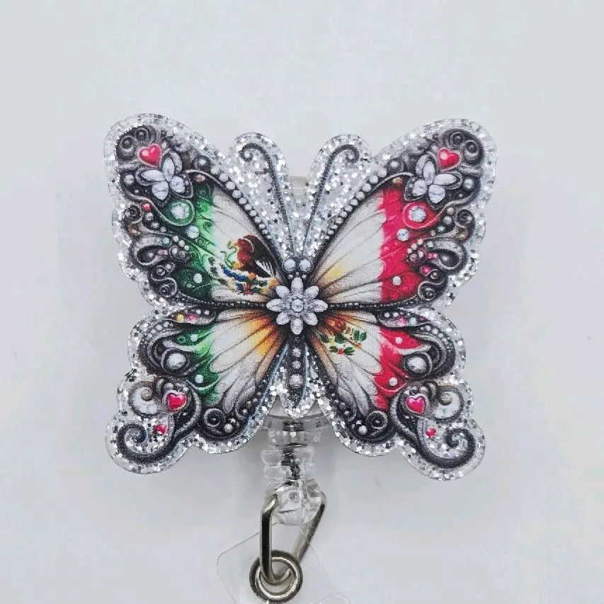 Beautiful Butterfly Glitter with Mexican Flag Bandera Flag Retractable Badge ID Reel Belt or Alligator Clip Mexico Cute