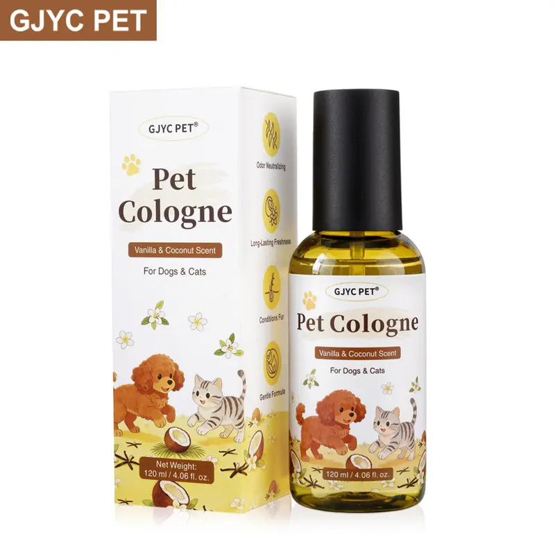 GJYC Pet Dog & Cat Animal Deodorizer Cologne, Vanilla Coconut Scent, Fur-Conditioning Non-Sticky Formula, Travel-Friendly Odor Destroyer, 4.06oz/120ml (Odor Eliminator Technology), Grooming Finishing Spray