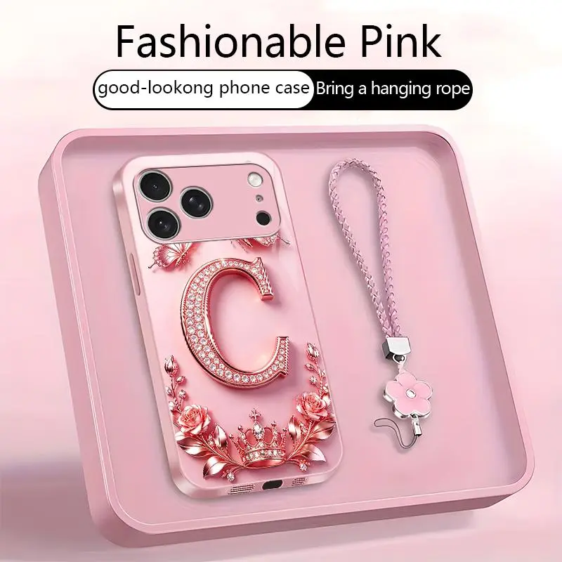 iPhone 17 Pro High-End Stylish Letter-Patterned Phone Case, 2D Printed, Full-Coverage Protection, Includes Free Lanyard, Free Shipping, YM99
