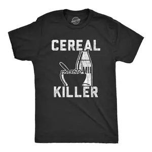 Mens Cereal Killer T Shirt Funny Breakfast Serial Sarcastic Wordplay Graphic Tee Mens Funny T Shirts Cool Vintage Fashion T-Shirt Gift Classic Menswear Funny Sarcastic Short Sleeve Novelty Tees for Guys Black
