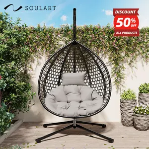 U_STYLE Sturdy Hammock Chair with Stand, Durable Hanging Egg Chair with Rattan Weaving, Comfortable Indoor Outdoor Swing Chairs with Soft Removable Cushion, Suitable for Balcony, Bedroom, or Garden