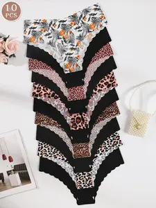 Women's Seamless Wave Hem Triangle Briefs, Leopard & Plant Print Low Waist Comfort Underwear, Slim-Fitting Casual All Seasons