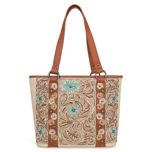 Montana West Embroidered Floral Tote Bag with Floral Cut-Out Applique, Top Zipper Closure