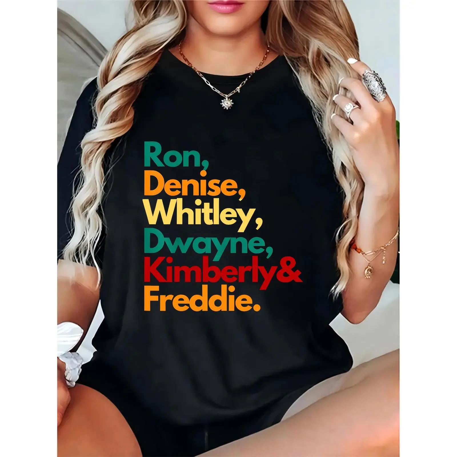 Women's Lady's Cotton Short-Sleeve Tee Top, Black T-Shirt with Colorful Names Print (Ron, Denise, Whitley, Dwayne, Kimberly, Freddie), Comfortable Casual Essential Feminine Elegant Day Wear for Family Gatherings