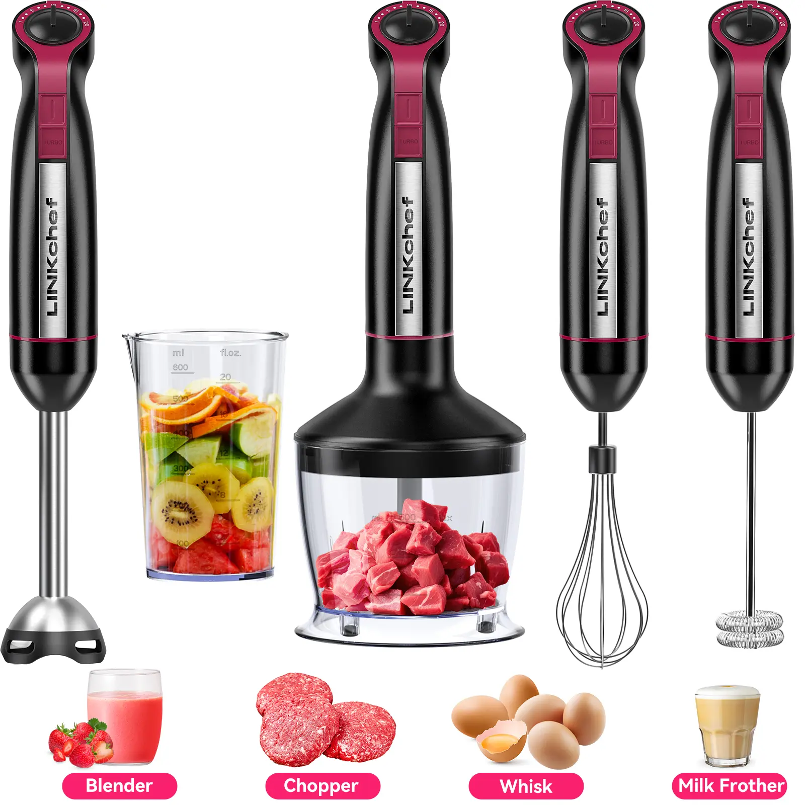 LINKChef 1000W 5-in-1 Immersion Blender, 20-Speed Turbo Hand Mixer with Chopper, Whisk & Milk Frother for Baby Food, Smoothies (Black)