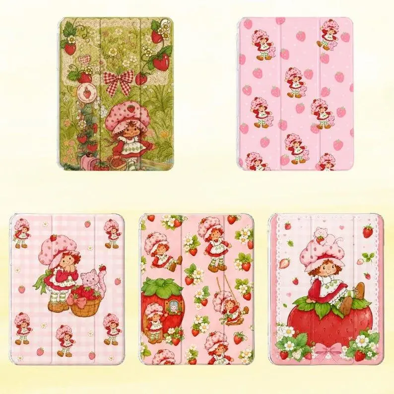 Vintage Strawberry Shortcake iPad Case, Cute Pink Strawberry Tablet Cover, Cottagecore iPad Folio Case, Kawaii Berry Girl iPad Stand Case, Floral Protective iPad Gift