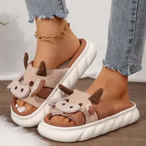 Cow Cartoon Animal Shape Slippers, Womens Four Seasons Home Linen Slippers Shoes
