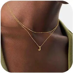 Dainty Initial Necklaces for Women Girls - 14K Gold White Gold Plated Letter A-Z Necklace Simple Choker Chain Necklaces, Layered Gold Jewelry for Women Teen Girls Gifts