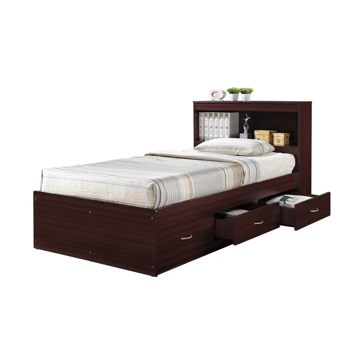 212 MAIN Twin-Size Captain Bed with 3 Drawers, Headboard and Mahogany Finish - Wooden Platform Bed