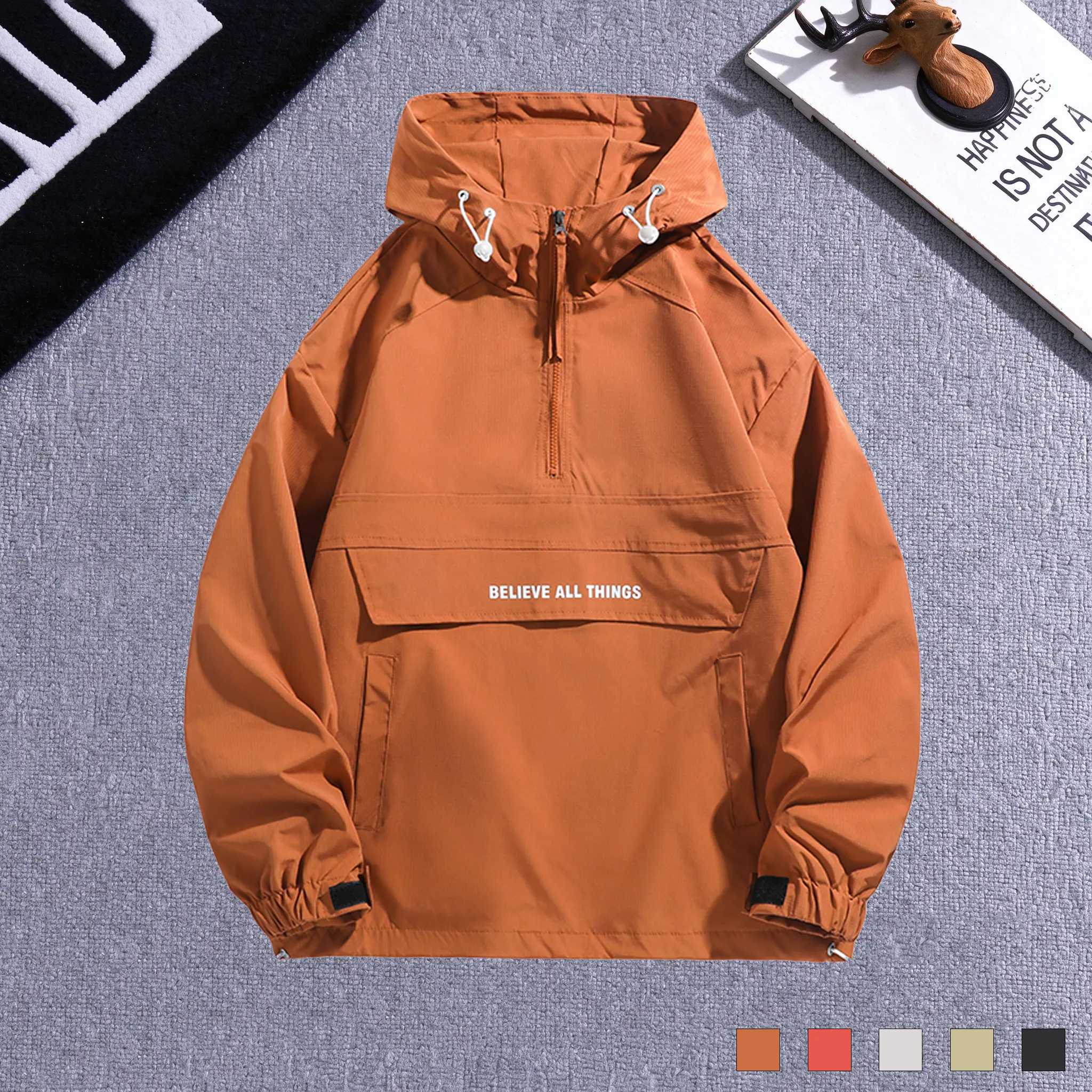 Menswear Stylish Half-Zip Hooded Anorak Windbreaker Top, Weatherproof Adjustable Multi-Function Lightweight Jacket with Flap Pockets, Adjustable Cuffs & Hem, Casual Plain Medium-Length Pullover for Hiking Commute, 5 Colors M-3XL