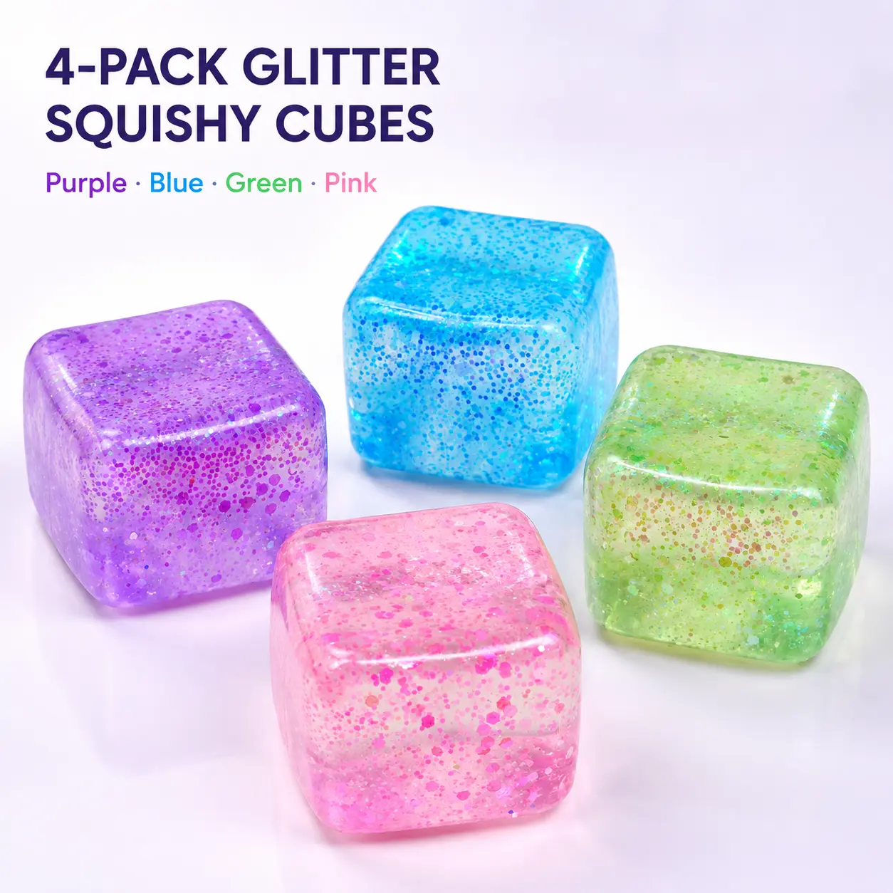 Glitter Squishy Cube, Soft Slow Rising Sensory Fidget Squeeze Toy, Sparkly Rounded Stress Cube for Kids and Adults, Desk, Study and Travel, Choose 1 of 4 Colors, 1 Piece