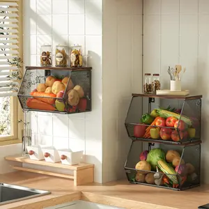 Fruit Basket Wire Baskets with Wood Lid, Wall Mounted Produce Basket for Snack, Fruit and Vegetable Storage, Countertop Onion and Potato Storage, 3 Pack Stackable Kitchen Counter Organizer