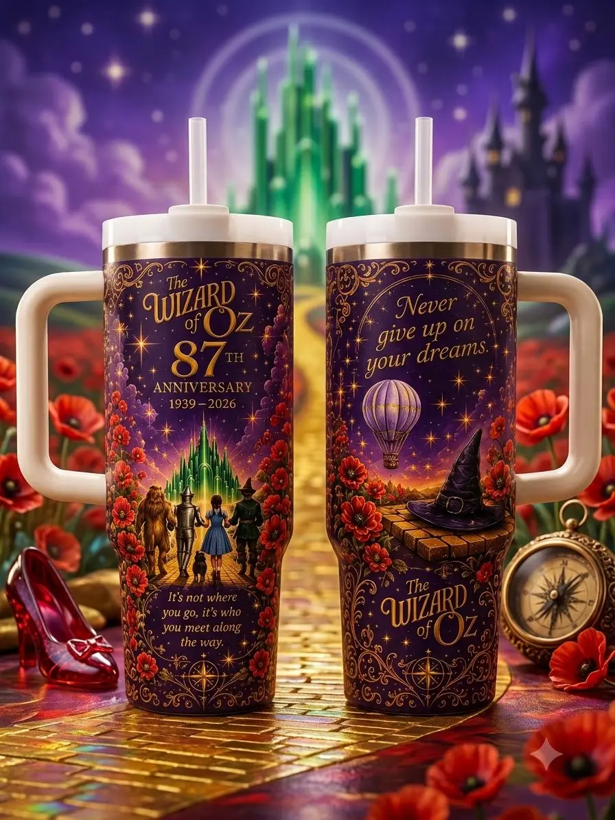 The Wizard of Oz 87th Anniversary 40oz Tumbler with Handle and Straw, Purple Emerald City Travel Mug, Yellow Brick Road Fantasy Cup, Wizard of Oz Gift