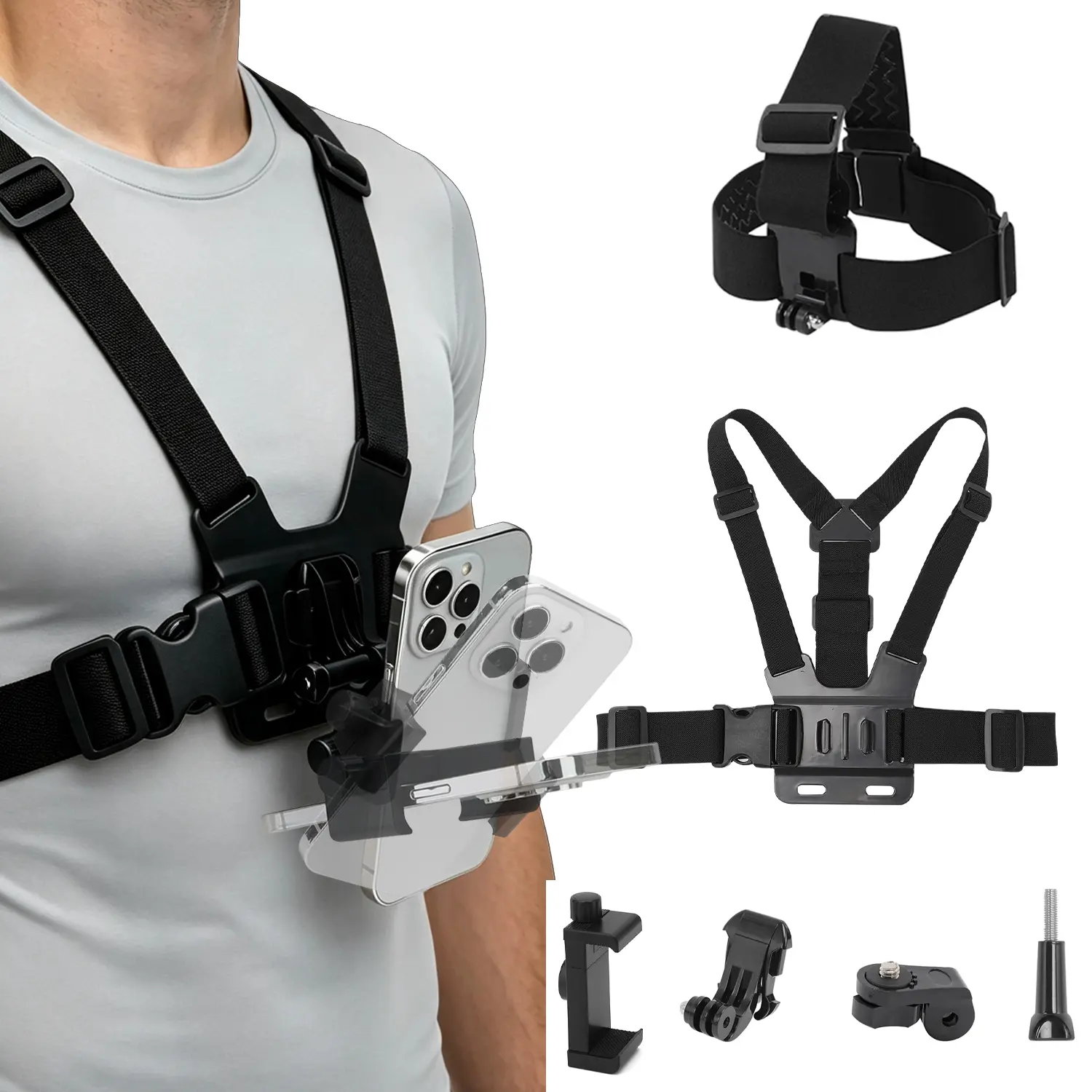 Mobile Phone Chest Strap Harness Mount Head Strap Holder Kit for POV/VLOG,Cell Phone Clip Compatible with iPhone, Samsung, GoPro, Osmo Action, Insta360