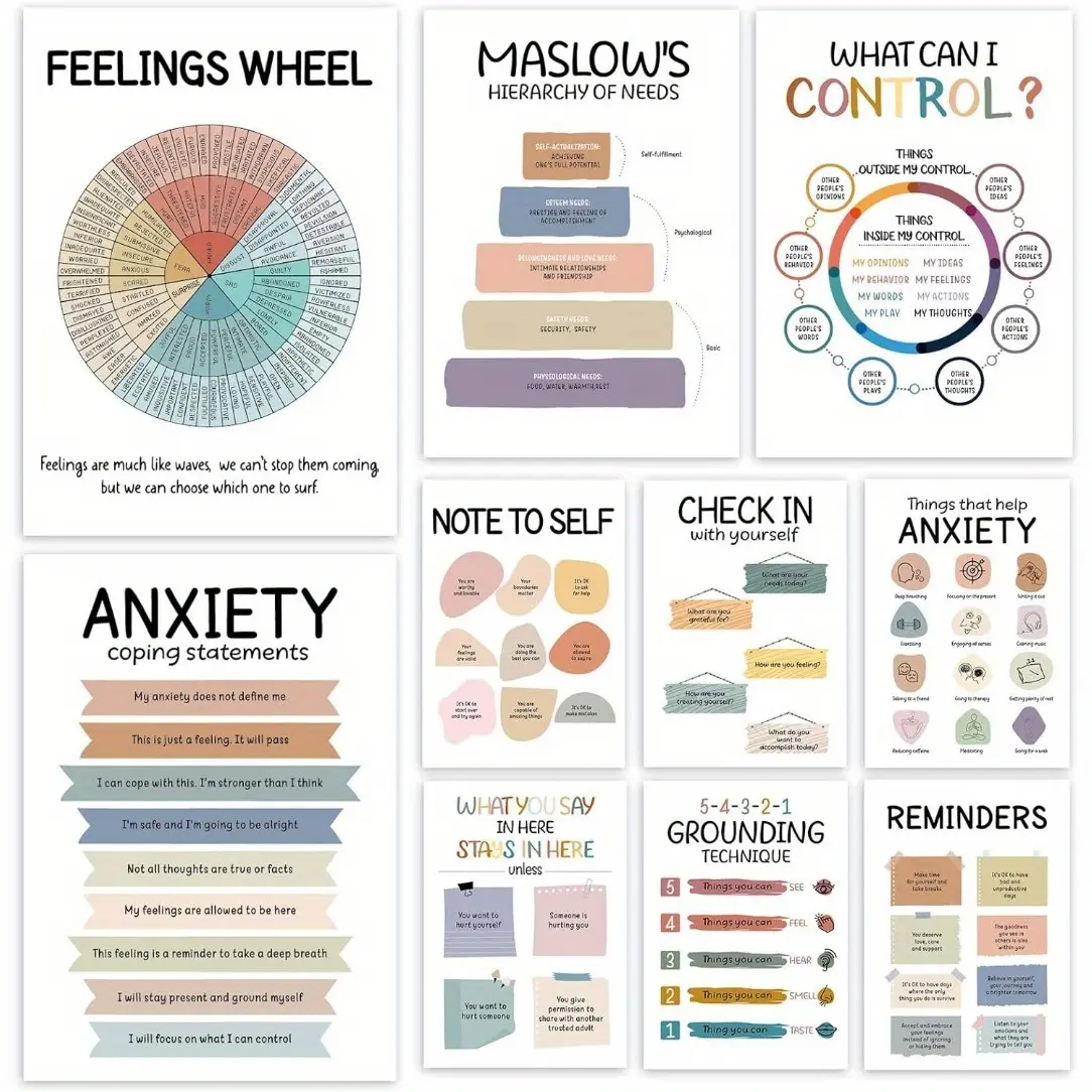 10pcs Frameless Mental Health Feelings Chart Posters Emotion Coping Skills Classroom Supplies, Teaching Supplies Charts for Home Office Calm Down Corner Wall Decor Psychology Gifts for Therapist School Counselor Social Worker 8*10in