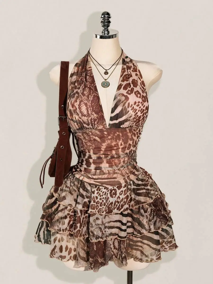 Leopard Print Halter Neck Ruched Waist Multi-Layered Mesh Dress