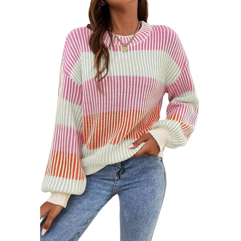 Pink Colorblock Textured Knit Bubble Sleeve Sweater