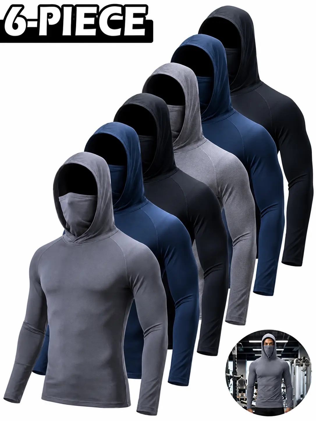 Men’s 6-Pack Lightweight Sun Protection Work Hoodies - Long Sleeve Breathable Shirts with Face Mask for Hot Weather Outdoor Jobs, Sports men