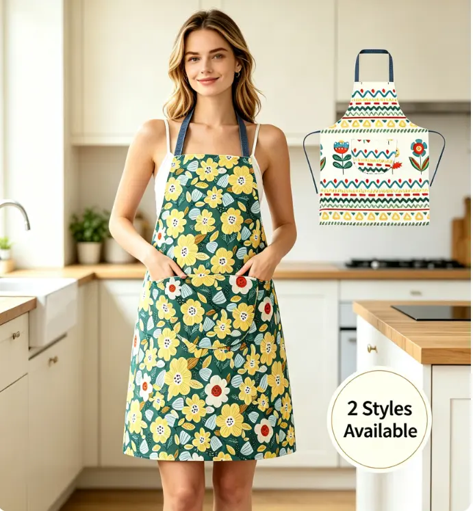 Boho Folk Floral Women Kitchen Apron, Large Pocket Adjustable Denim Strap, Stain Oil Resistant Cotton Linen Bib, Cooking Baking Gardening BBQ Café Painting, Ideal Mother’s Day Christmas Housewarming Gift for Her