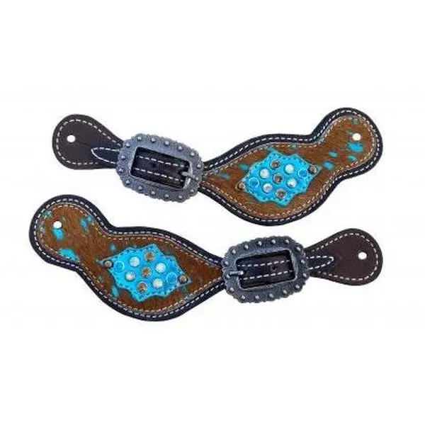 Women's Teal & brown Adjustable COWHIDE SPUR STRAPS w/ Rhinestones Silver buckle