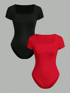 Women's Solid Color Bodysuit, Casual Comfy Bodysuit for Daily Wear, Ladies Clothes for All Seasons