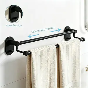 Bathroom Towel Rack, Adjustable Towel Bar 13.39-21.65inch/21.26-37.4inch, No-Nail Adhesive Self-Adhesive Wall-Mounted Bathroom Towel Organizer with Hooks, Carbon Steel Double Rod Organizer (1pc, Matte Black), Installs in Just 1 Minute