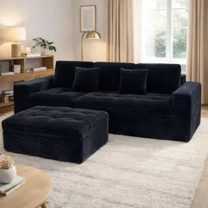 105-Inch L-Shaped Frameless Modular Sectional Sofa (Includes Movable Ottoman) — A Comfortable, Floor-Style Sofa Upholstered in Rabbit Faux Fur, Featuring a Deep-Seat Design with a Tufted Surface, Wide Armrests, and Flexible Configuration Options.