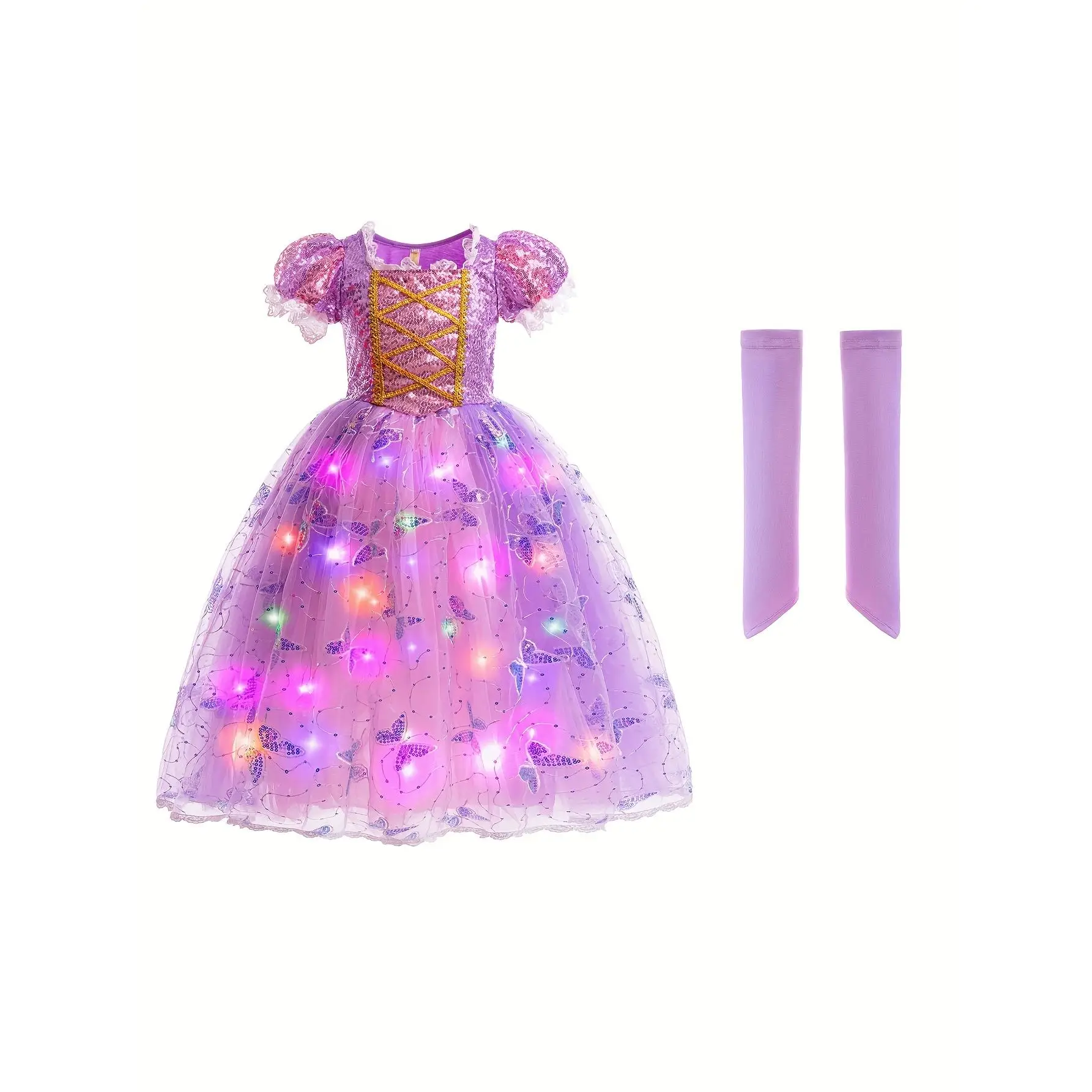 Girl's Light-Up Princess Dress with Gloves, Lining - Perfect for Themed Parties and Holiday Gifts, LEADTEX