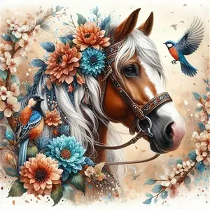 5D Diamond Painting Kit - Majestic Horse with Floral Mane & Songbirds, Full Round Drill Boho Wildlife Mosaic Art, DIY Rhinestone Embroidery for Rustic Home Decor & Gift for Animal Lovers, Flower Embroidery, Embroidery Craft, Embroidered Design