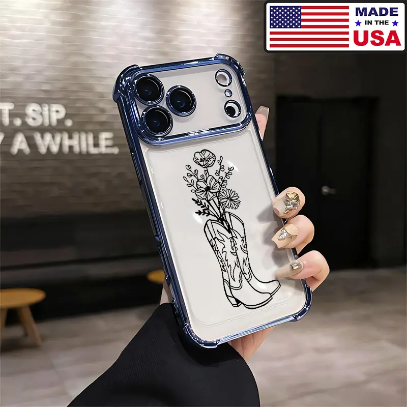 Custom Western Cowboy Boot Wildflower Line Art Aesthetic Smartphone Case - Soft Silicone TPU Shockproof Protection Cover for iPhone 17/16/15/14/13/12 Plus Pro Max Ultra & Samsung 22/23/24/25 Plus Pro Max Ultra, Vintage Fashion Cellphone Accessory