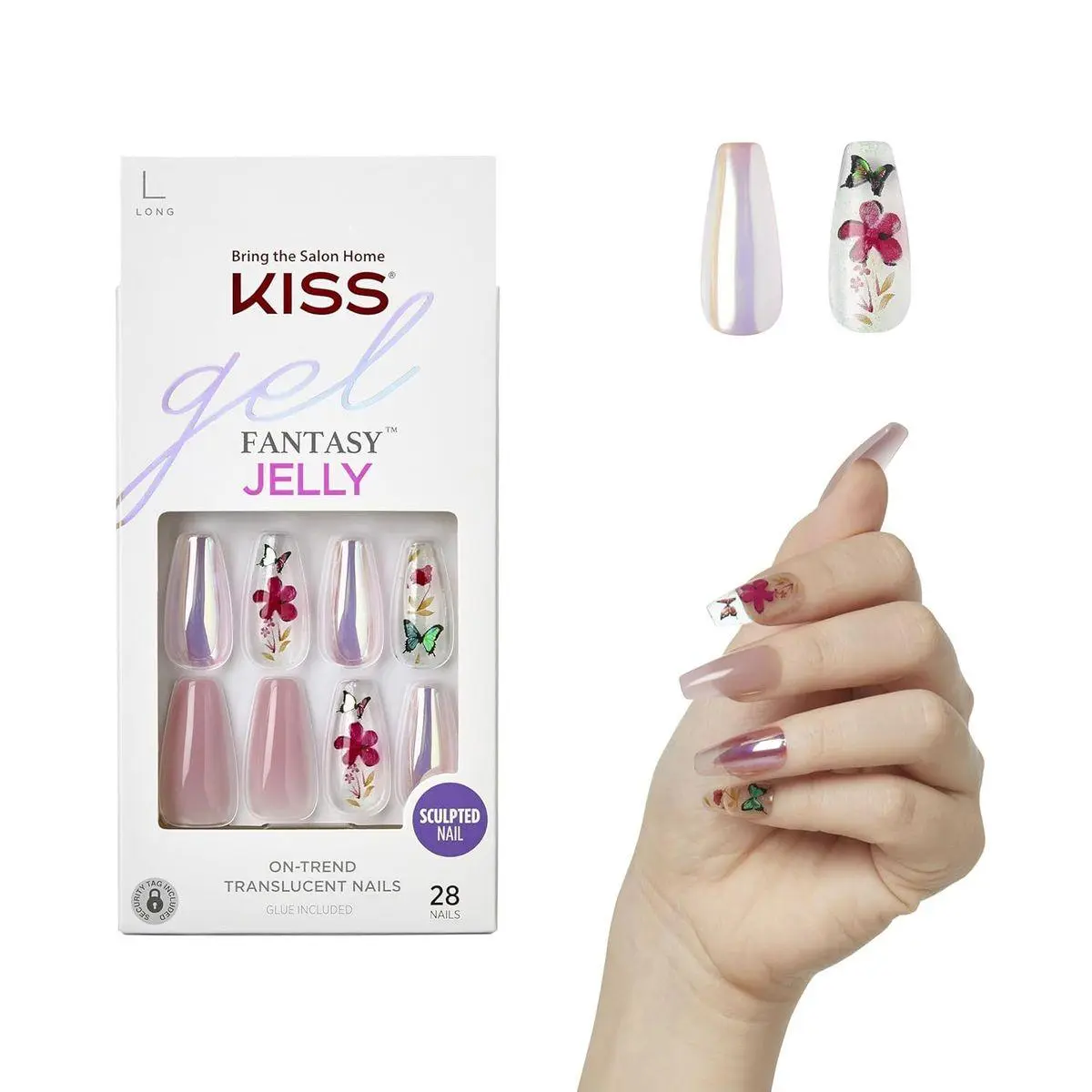 Gel Fantasy Press On Nails, Nail glue included, 'Jelly Cookie', Pink, Long Size, Coffin Shape, Includes 28 Nails, 2g glue, 1 Manicure Stick, 1 Mini File