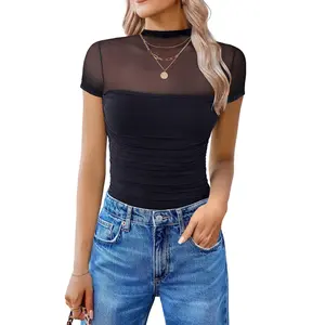 AVIDLOVE Women's Basic Black Short Sleeve Mesh Turtle Neck Bodysuit Ruched Sheer Slim Corset One Piece Leotard Elegant Spring Summer Casual Fitted Top Matching Cute Girl Shapewear