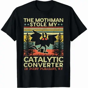 Vintage Mothman Stole My Catalytic Converter Graphic Tee Retro Cryptid Meme Aesthetic T-Shirt Heavyweight 100% Cotton Fu Cool & Casual Cotton Shirt