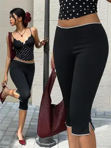 Y2K Coquette Black High Waist Capri Leggings, White Lace Trim Split Hem, Ultra-Soft Stretch Fabric, High Waist Tummy Control, Slimming Bodycon Fit, Casual Streetwear, TikTok Viral Summer Fashion Bottoms, Trendy Aesthetic Pants For Women 2026 New Arrival
