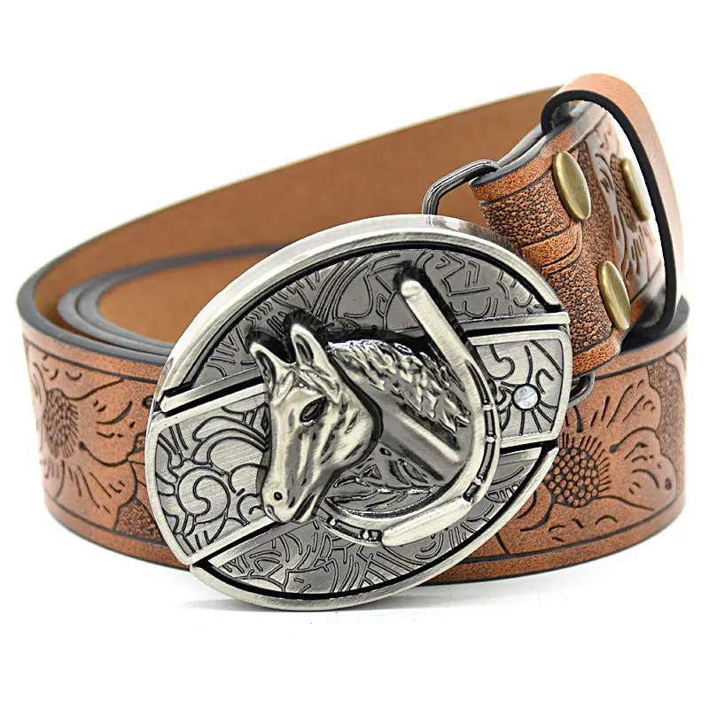 Brown embossed horse head knife buckle