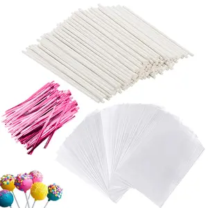 300pcs Cake Pops Set, Including 100pcs 6 Inch Lollipop Sticks, 100pcs Cake Pops Bags, 100Pcs Pink Metal Twist Ties for DIY Lollipops, CakePops, Candy, Chocolate Making Tools