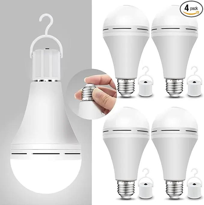 12W Rechargeable LED Bulb, Emergency Light Bulb For Power Outages, 5000K Cool White, E27/E26 Base, 800LM Bright, 4-6hrs Long Lasting, Portable With Hanging Hook For Camping & Home Use