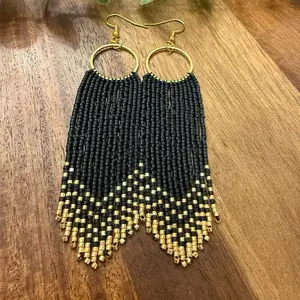 Black Beaded Earrings with Gold Accents - Handcrafted Fringe Design for Women's Fashion