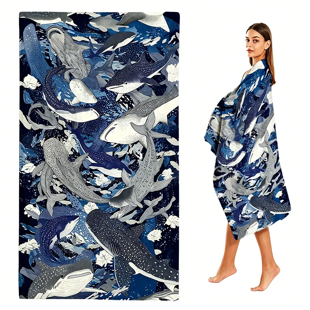 Whale Shark Print Microfiber Beach Towel - Quick-Dry, Sand-Free, Lightweight for Summer Beach, Picnic Use