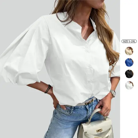 Imily Bela Womens Half Puff Sleeve Button Down Shirts Cotton Loose Fit Tops Summer Dressy Casual Blouses