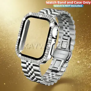 KAYKWONG'S 2 in 1 Set, Include 1 Stainless Steel Metal Solid Band + 1 Watch Protective Imitation Diamond Case, Adjustable Fit for Iwatch 11/10/9/8/7/6/5/4/3/2/1 Series, 40/41/42/44/45/46/49mm Size Smartwatch Strap